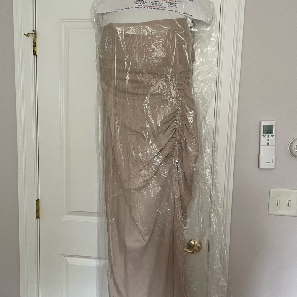 BHLDN JENNINGS COWL-NECK RUCHED SIDE-SLIT SATIN GOWN Size 12. Color Champagne
